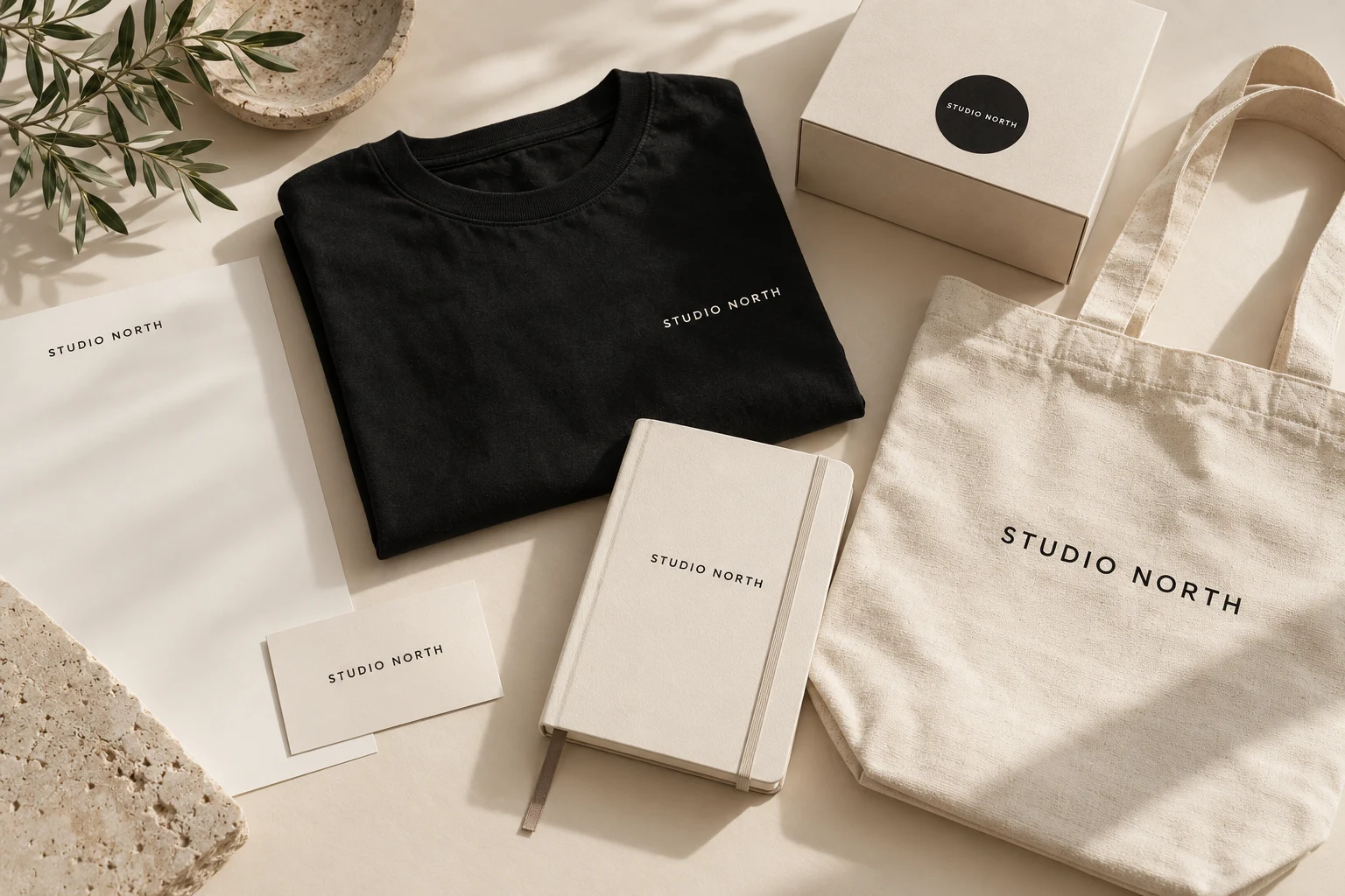 Illustrative Studio North brand consistently applied to stationery, apparel, a tote, notebook, and gift packaging