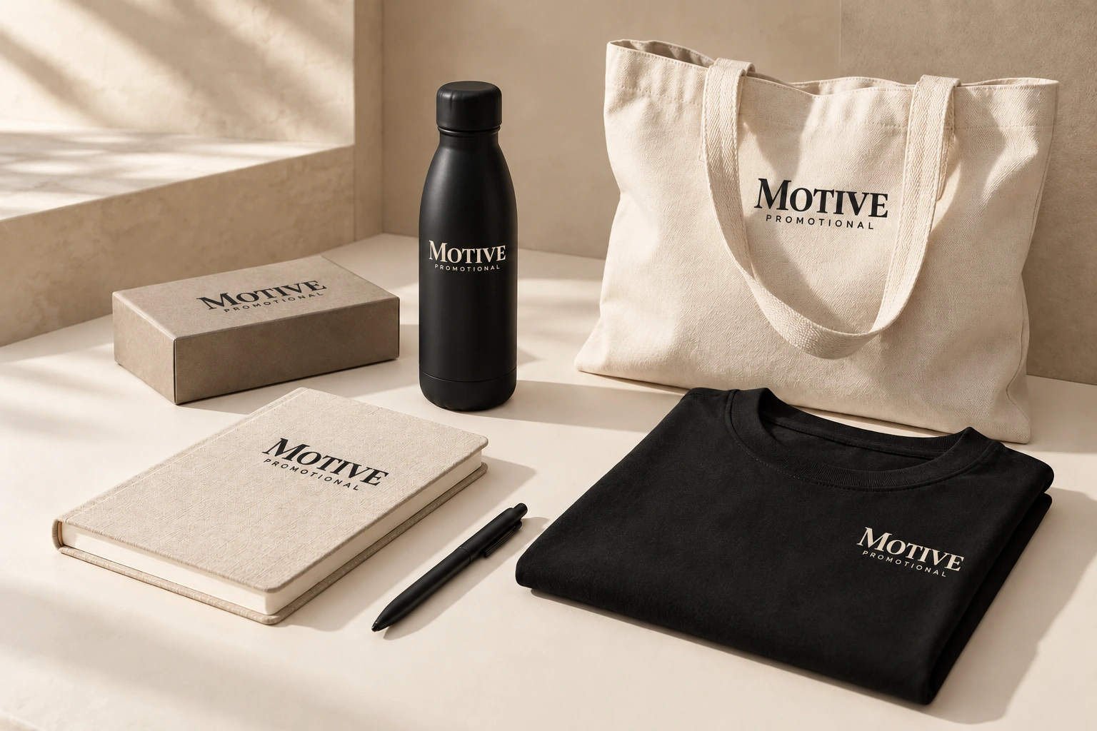 Motive Promotional branded cream notebook and canvas tote, black bottle and shirt, and taupe gift box